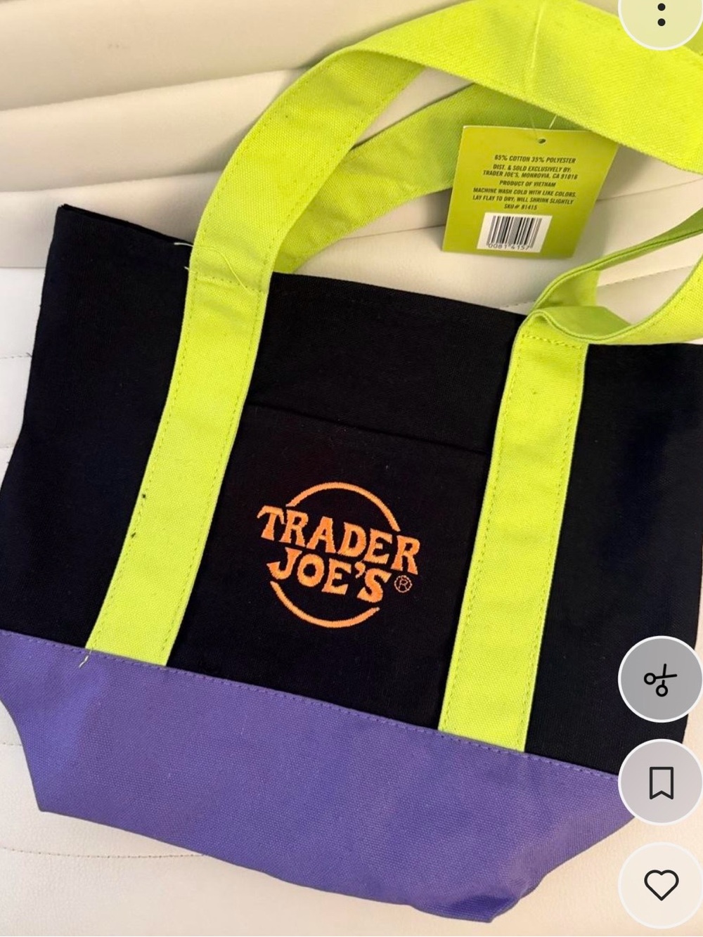 Black Canvas Tote with Lime Green Handles and Purple Base